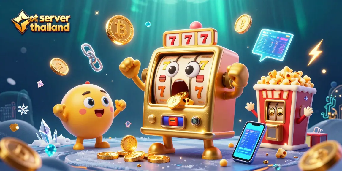 Mainkan slot server thailand dengan mesin slot emas yang menghasilkan jackpot, dikelilingi koin digital dan efek ceria.