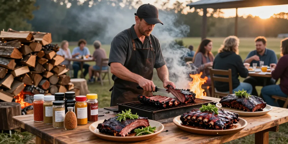 Delicious smoked meats from rokok 88 in a vibrant outdoor setting showcasing wood-fired cooking.