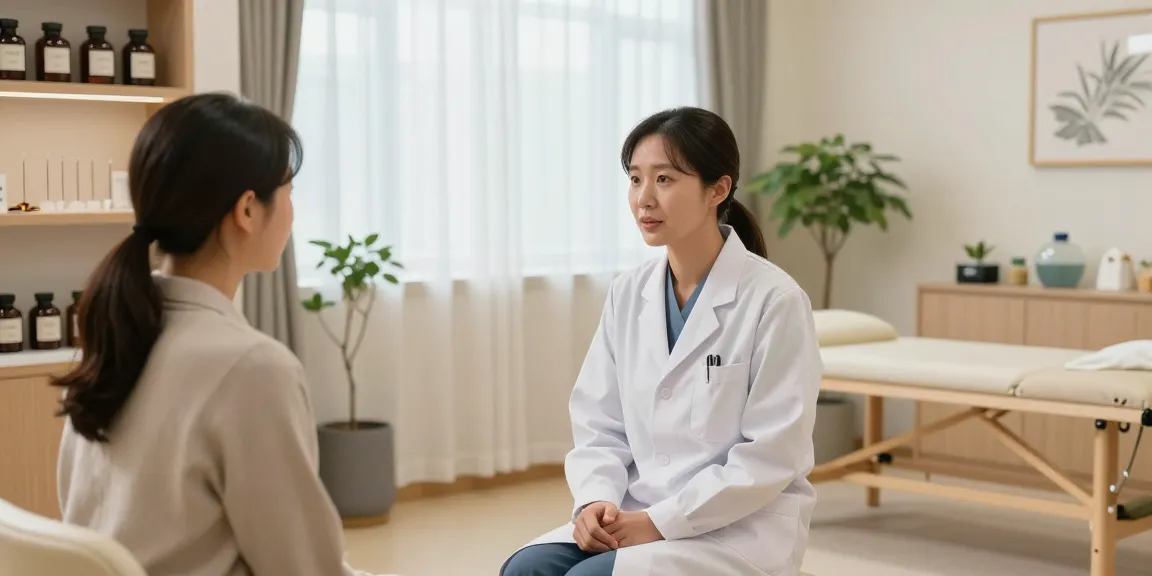 Consultation at 영통한의원 with a healthcare professional in a tranquil setting.