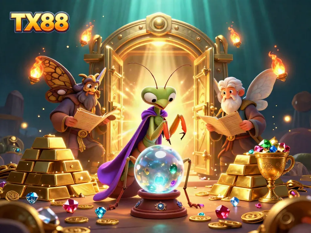 Engage with TX88's world of possibilities, where a mystical fortune teller and sage guide you through a vibrant casino landscape