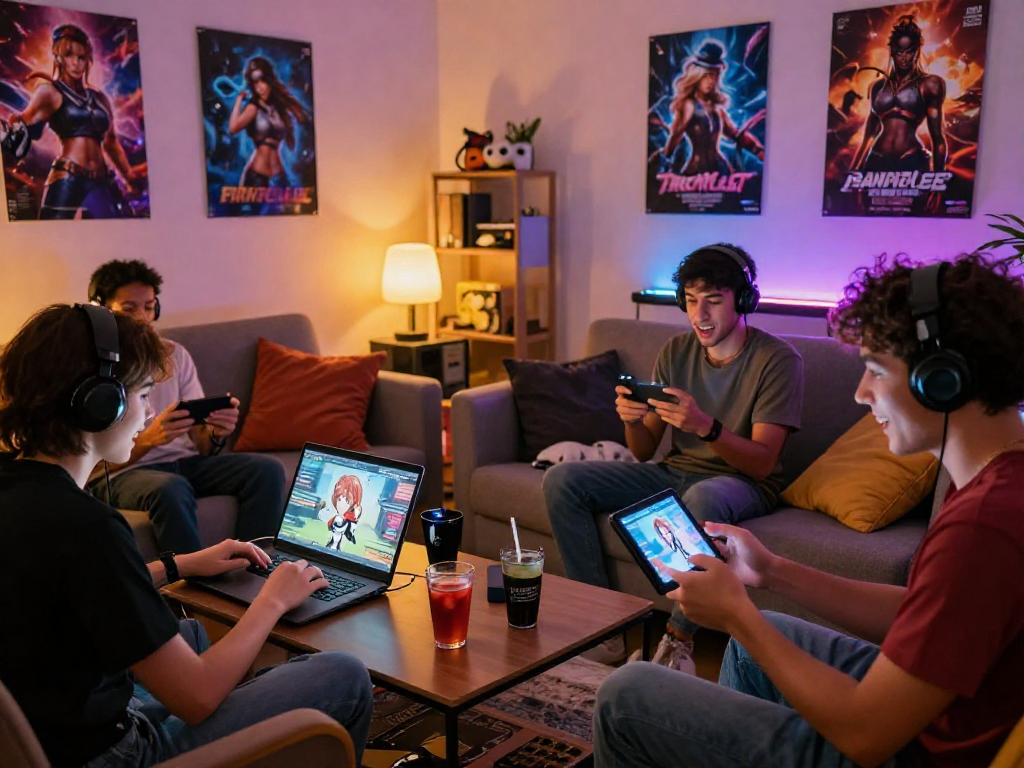 Friends enjoying various porngame experiences in a cozy gaming environment, showcasing diverse devices and engaging expressions.