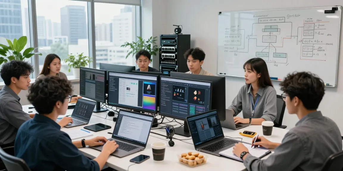 AI image detector lab scene with diverse team analyzing algorithms and flagged content in modern tech workspace.