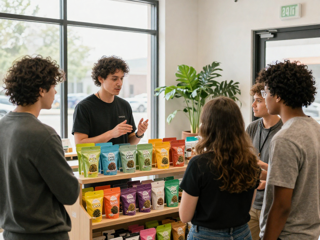Cake cart options displayed in a vibrant cannabis dispensary with engaged customers.