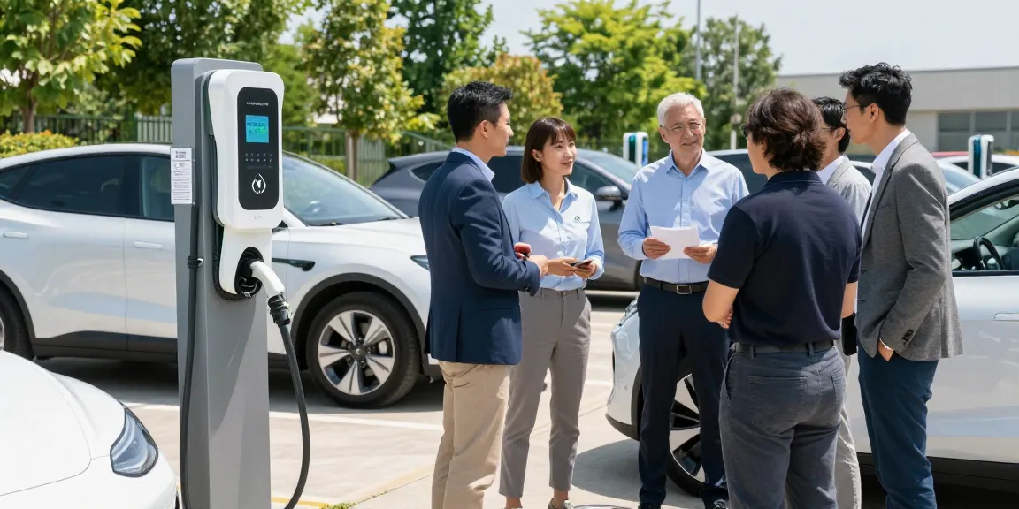 DC fast charger manufacturer showcasing cutting-edge technology at an outdoor professional gathering with electric vehicles.