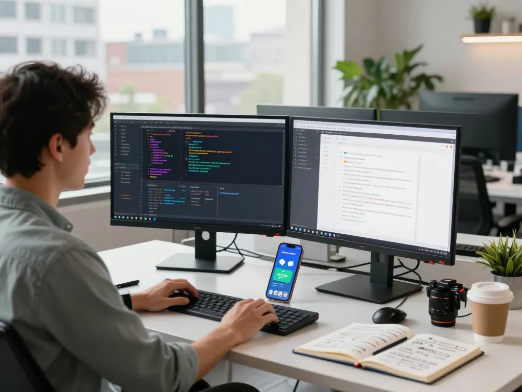 OpenClaw developer working in a modern office with dual monitors, laptops, and tech tools.