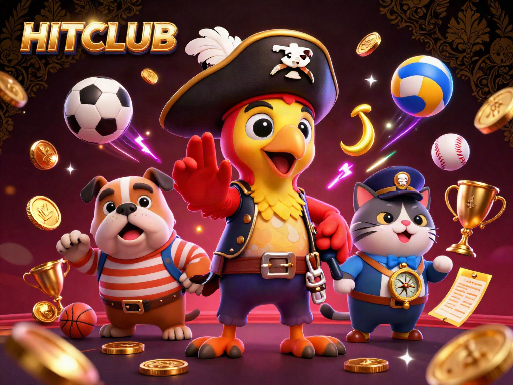 Engage with HITCLUB's vibrant gambling experience featuring a cartoon pirate captain and dynamic sports elements.