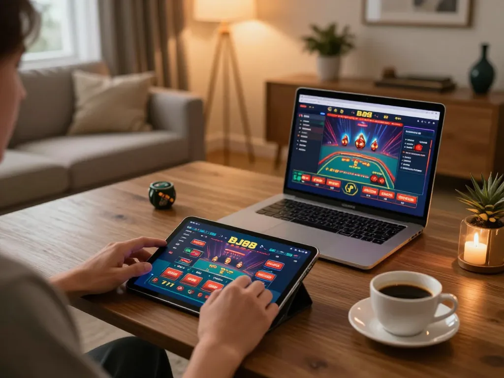 Engaged player using the BJ88 app on a tablet in a cozy home gaming setup with ambient lighting.
