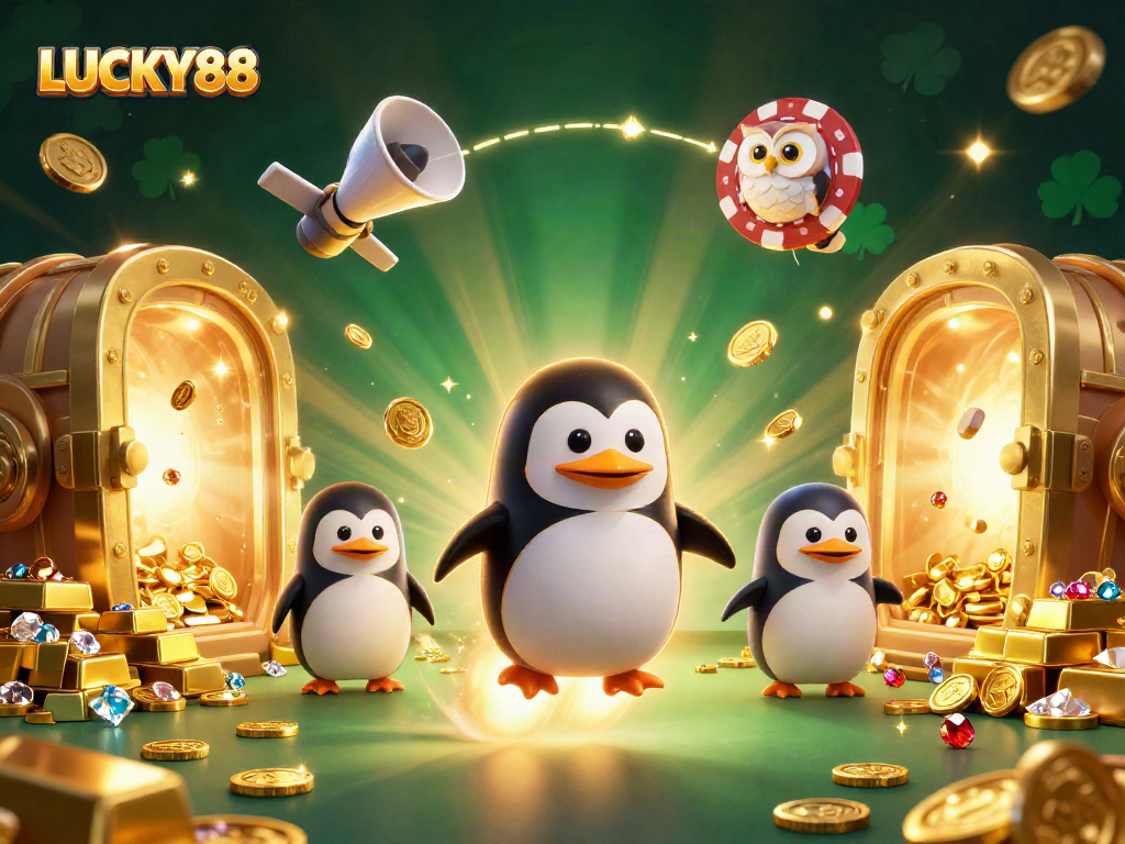 Win big with LUCKY88 while exploring vibrant casino treasures in this dynamic illustration.