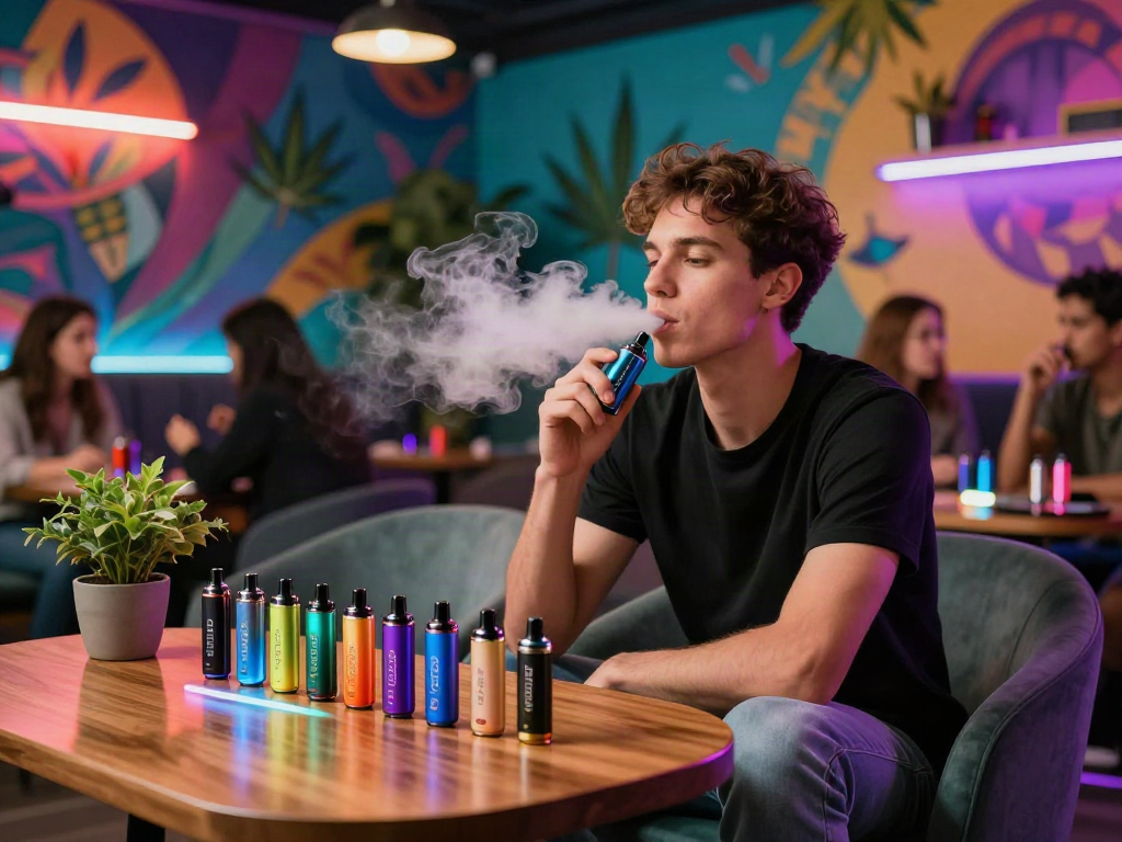 Stylish vaper enjoying Hitz infinity Gen 7 in a vibrant lounge.