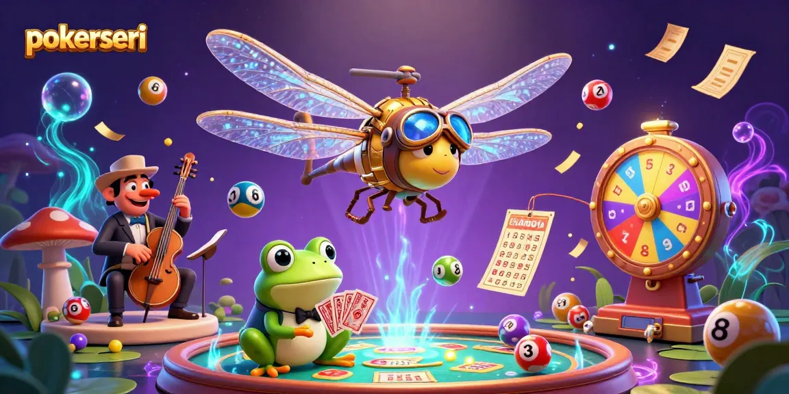 Engage with the vibrant world of Pokerseri as the dragonfly pilot hovers above a thrilling lily pad casino scene.