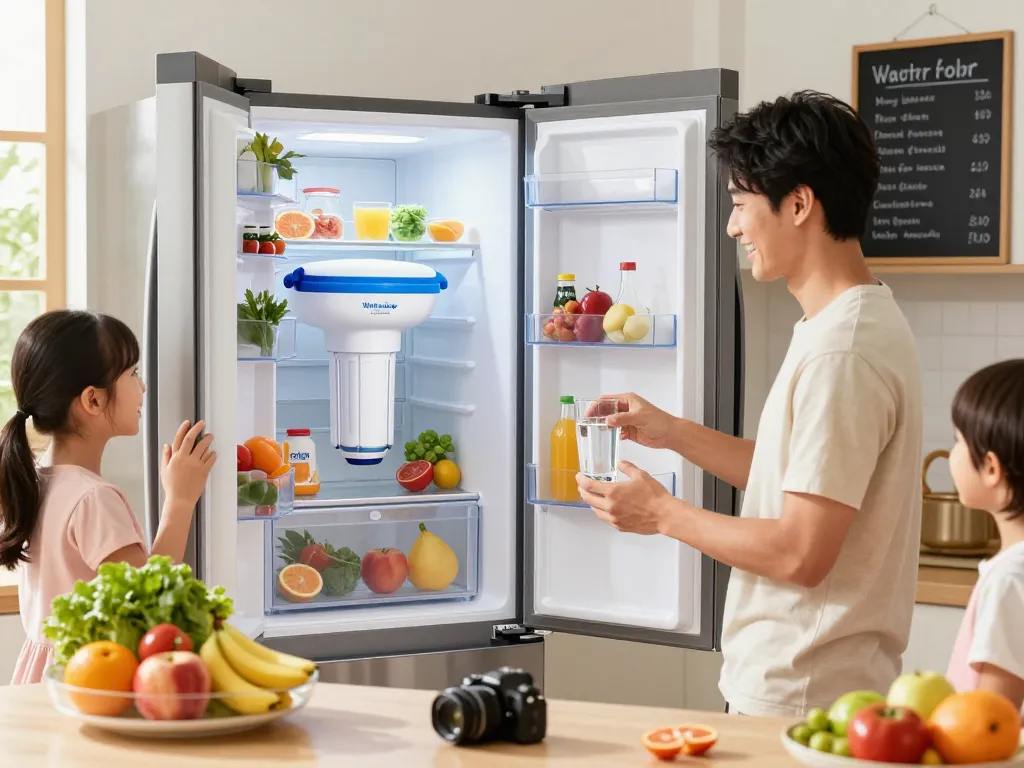 Waterdrop LT1000PC ADQ747935 MDJ64844601 Refrigerator Water Filter in a bright kitchen with fresh produce.