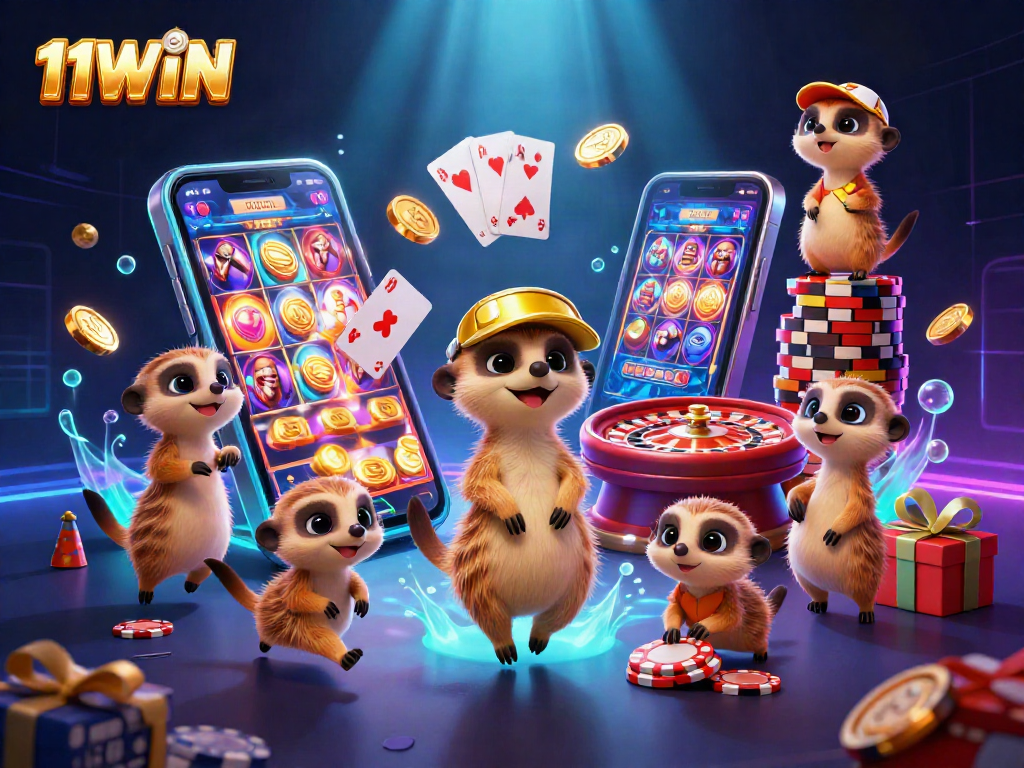 Experience the thrilling casino action at 11WIN with engaging meerkat characters and dynamic game elements.