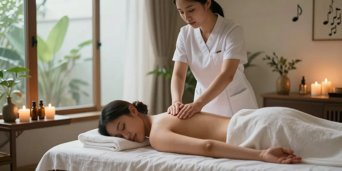Massage therapist providing a soothing 마사지 session in a serene spa environment with soft natural lighting.