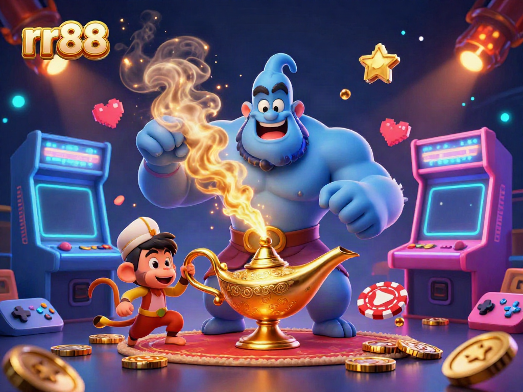 Engage with rr88's lively atmosphere featuring a blue genie, Aladdin-style monkey, and poker chips on a magic carpet.