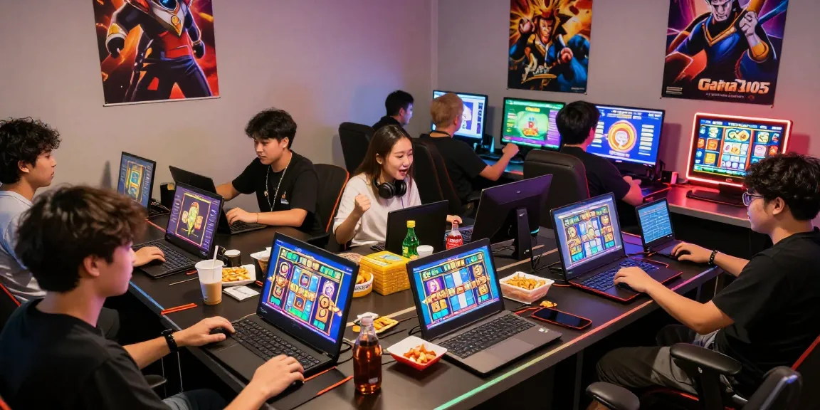 Players enjoying garuda303 slot games in a vibrant gaming room with colorful screens and snacks.