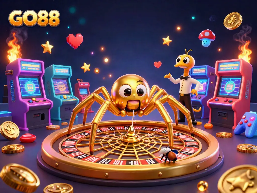 Experience the thrill of GO88 with a spider spinning a golden roulette web amidst colorful casino elements.