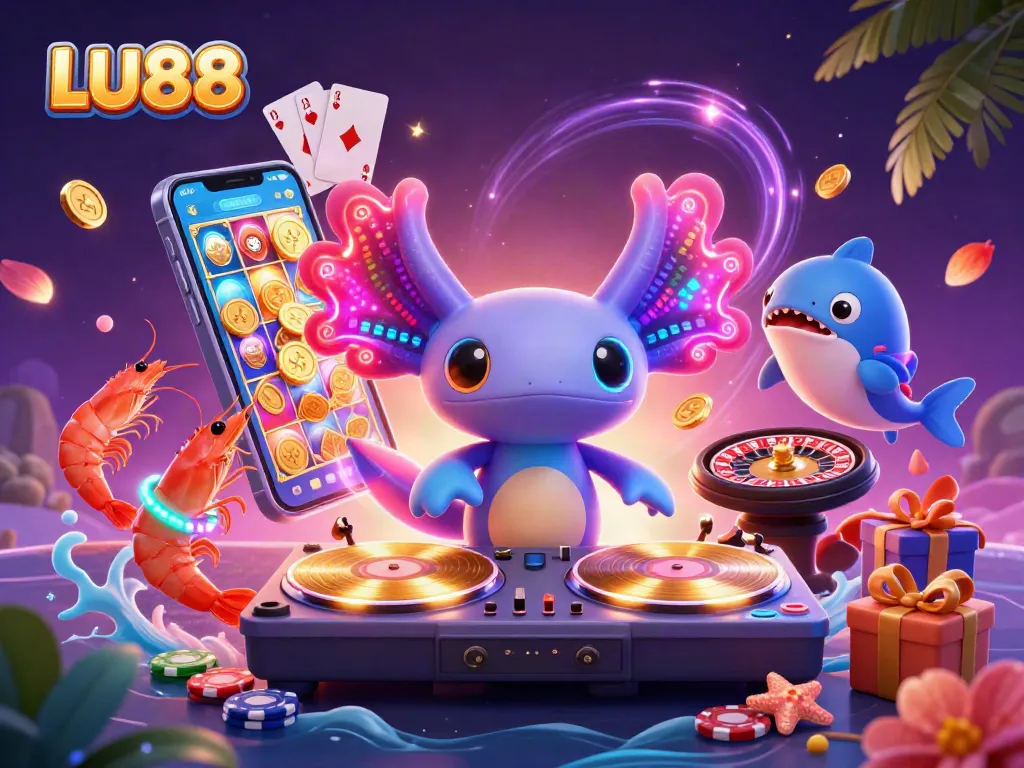 Spin to win at LU88 with a vibrant scene of underwater casino excitement featuring an axolotl DJ.