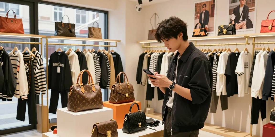 Exploring premium 레플리카 사이트 in a trendy boutique, high-quality fashion products on display.