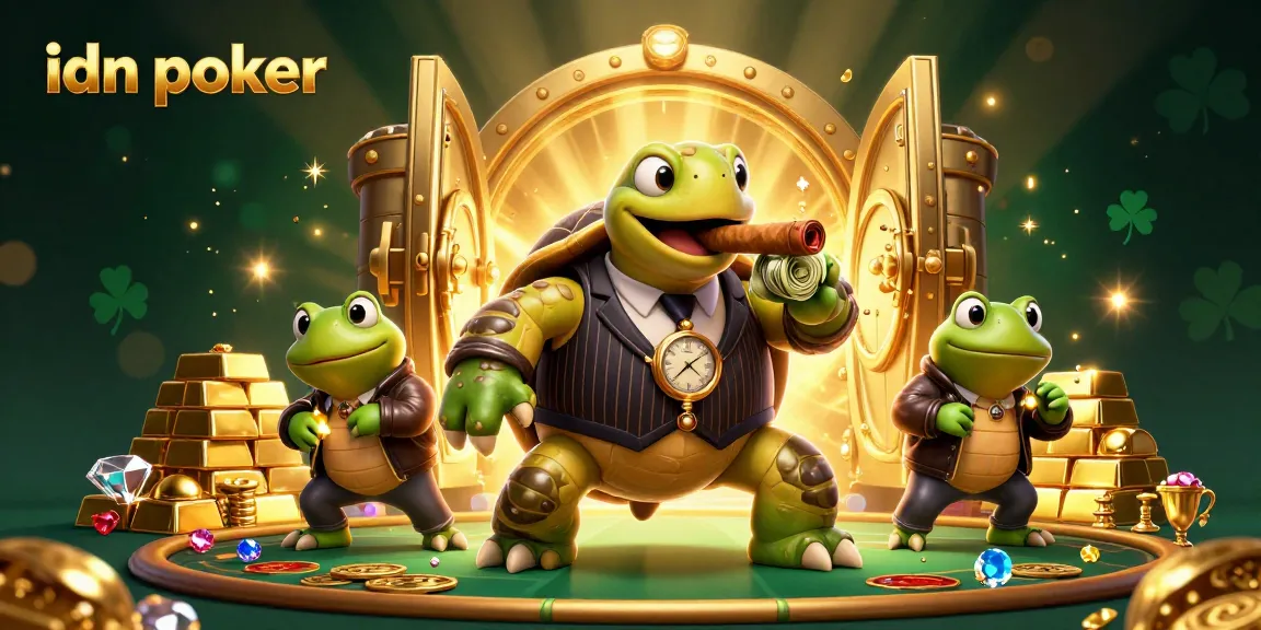 Join the excitement of idn poker with a vibrant 3D illustration of a turtle mobster and bullfrog enforcers.