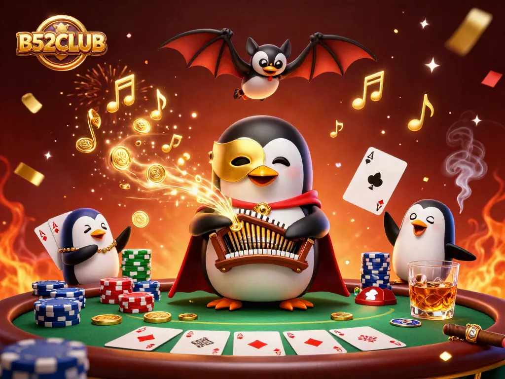B52CLUB penguin playing organ amid poker elements and golden coins in vibrant casino scene