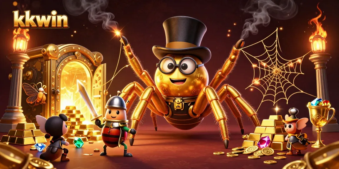 Kk-win offers a captivating online casino experience with a dynamic 3D illustration of a golden tarantula and beetle knight amidst treasures