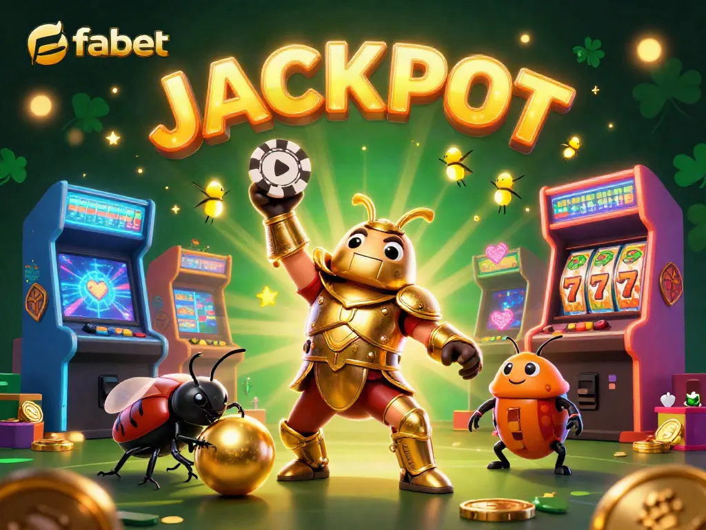 Fabet's gambling excitement comes alive as a hercules beetle celebrates victory with a poker chip amidst vibrant casino elements