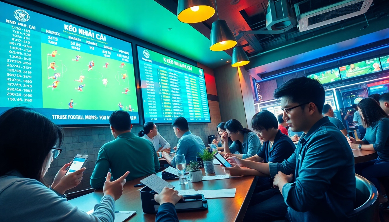 Kèo nhà cái scene in a lively sports bar showing live matches and patrons engaging with betting.