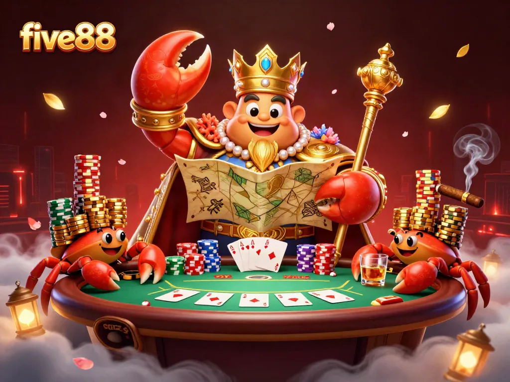 Experience energetic gameplay at five88 with our golden crab emperor amidst a vibrant poker scene.