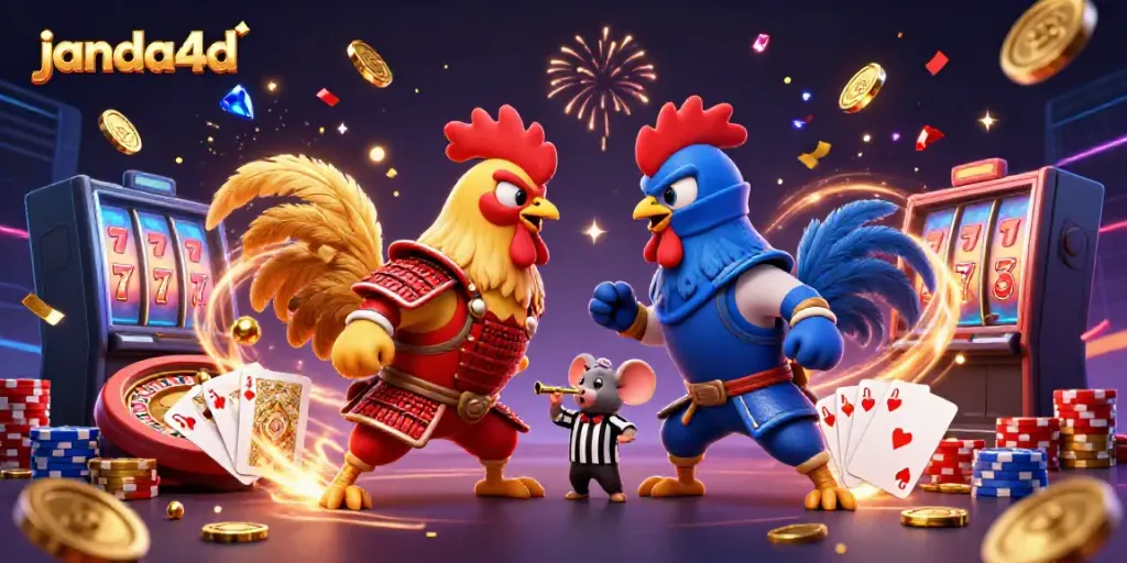 Janda4d menghadirkan ilustrasi 3D yang dramatis dengan dua ayam jantan bertarung yang dikelilingi koin emas dan permata berkilauan.