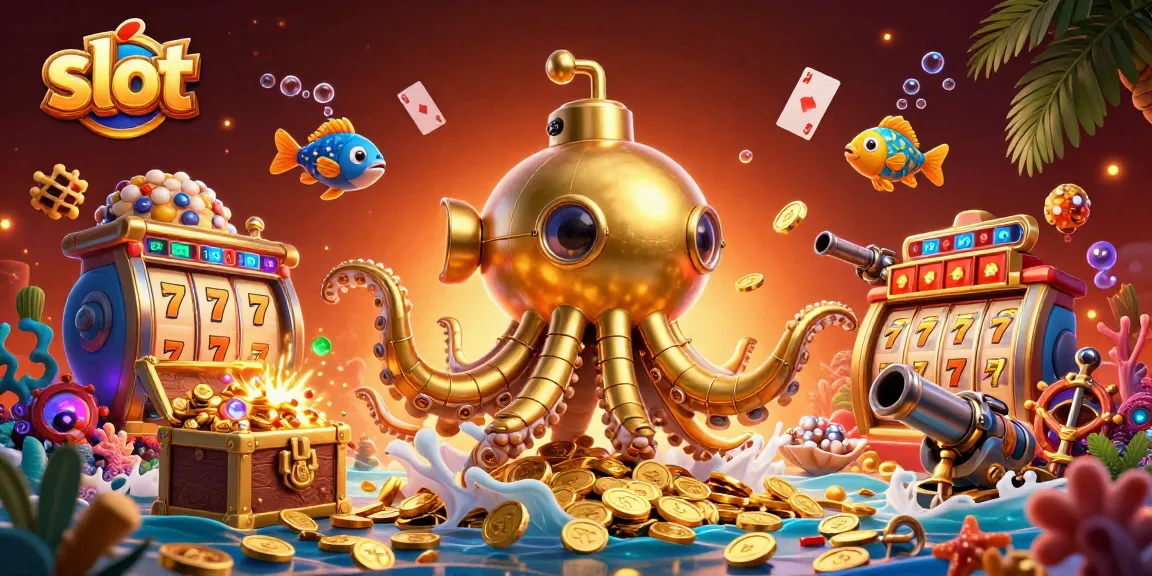 Spin exciting slot reels with a golden kraken submarine and mechanical fish in a vibrant treasure scene.