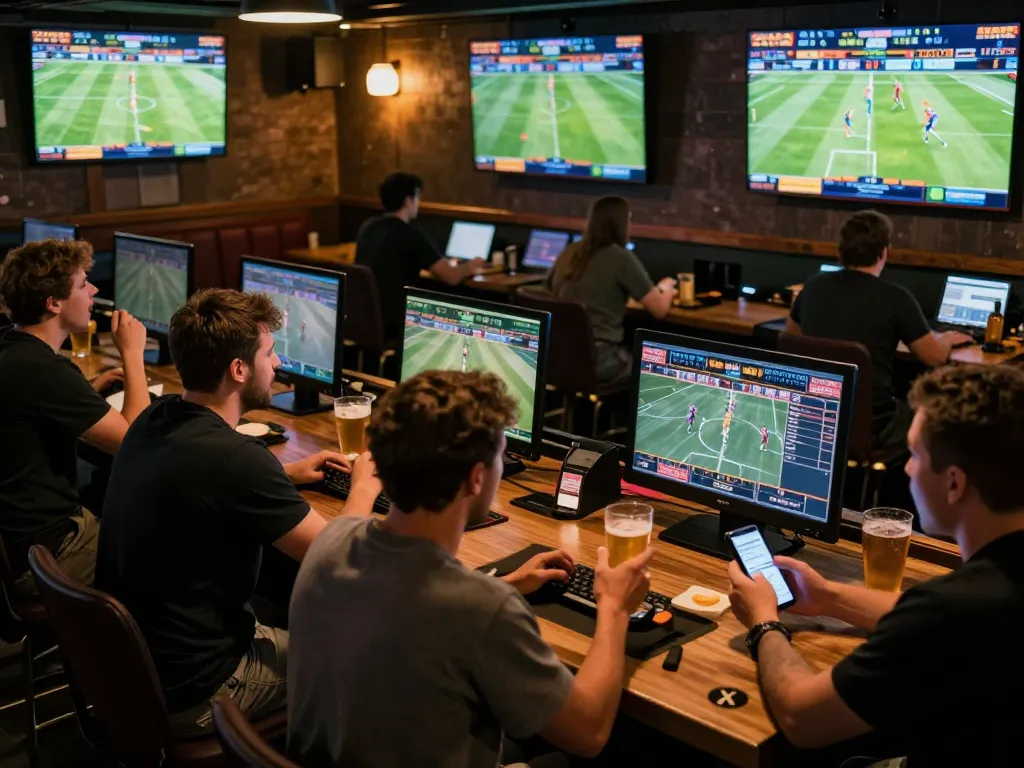 Engaged sports bettors analyzing tỷ lệ kèo nhà cái hôm nay while placing live bets
