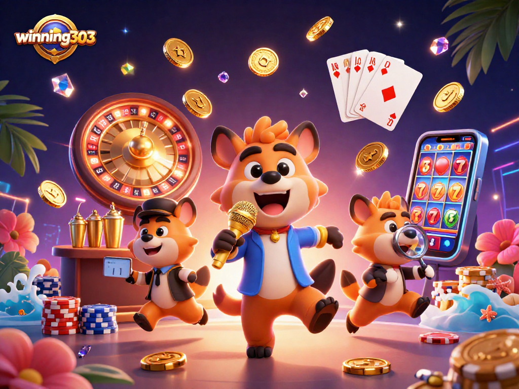 winning303 showcases a lively cartoon hyena casino scene with vibrant casino elements and rich details.