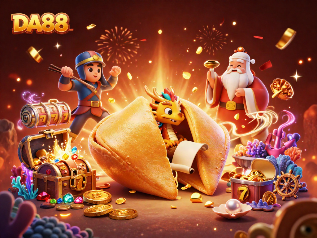 Experience thrilling wins with DA88's vibrant casino atmosphere featuring dynamic characters and golden treasures.