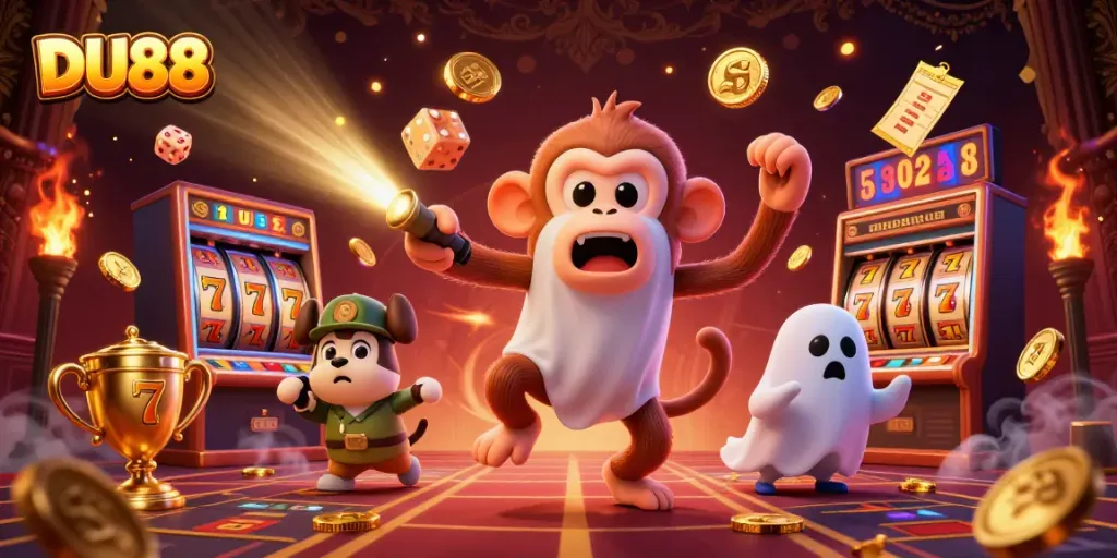Experience winning at DU88 as a playful poltergeist monkey juggles golden casino treasures.
