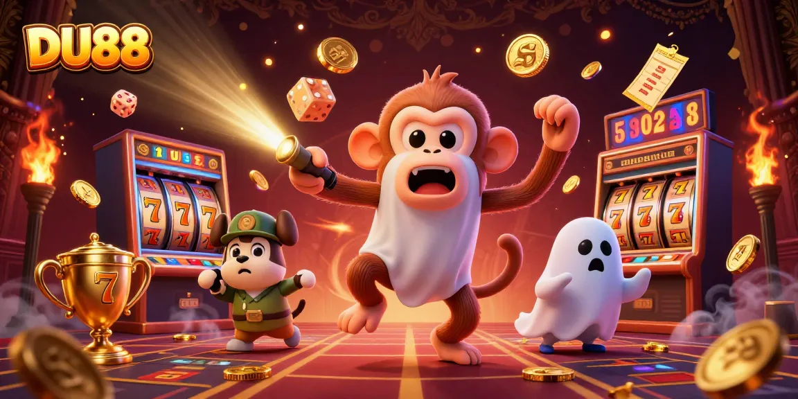 Experience winning at DU88 as a playful poltergeist monkey juggles golden casino treasures.