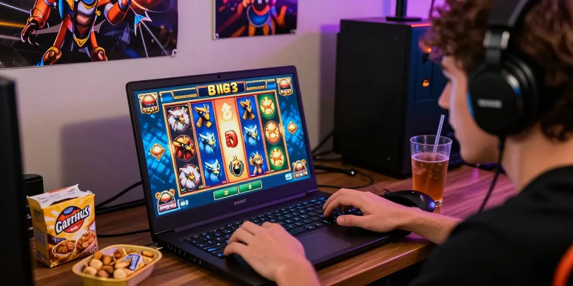 Excited gamer playing garuda303 slot on a laptop with colorful graphics and vibrant atmosphere.