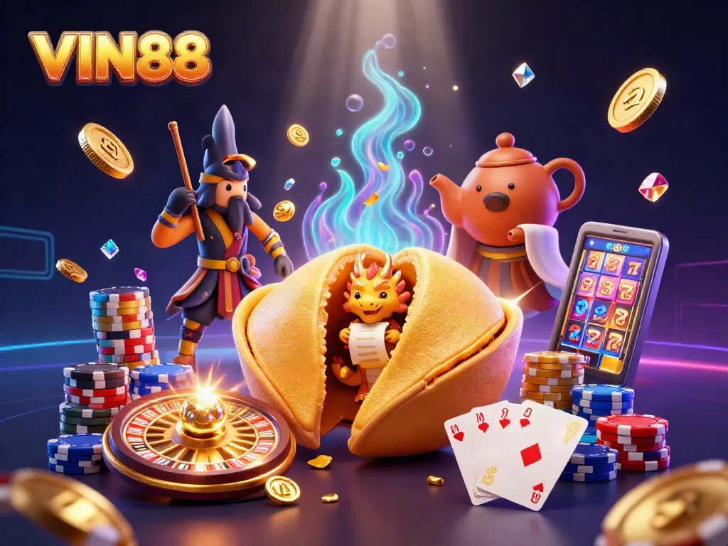 Engage with thrilling betting at VIN88, featuring vivid 3D casino characters and gold-rich elements.