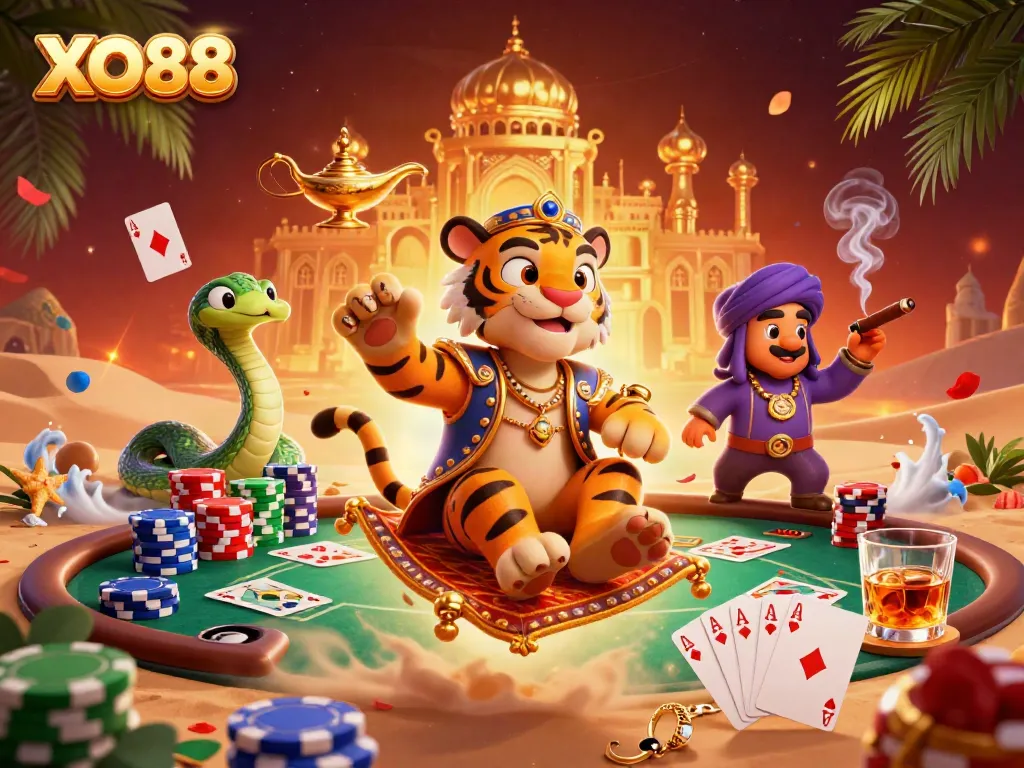 Engage in thrilling gaming with XO88, where a vibrant 3D sultan and his Genie snake explore a rich casino world.