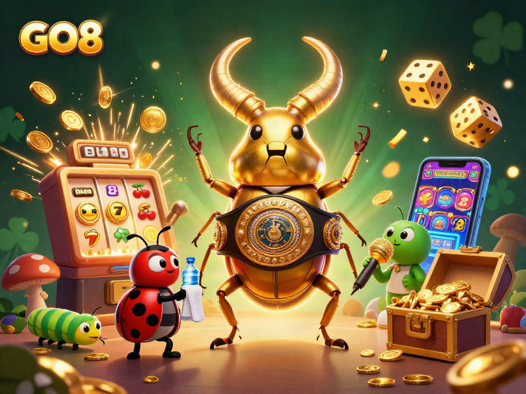 GO8 showcases an exciting casino scene with a giant stag beetle and vibrant slot action.
