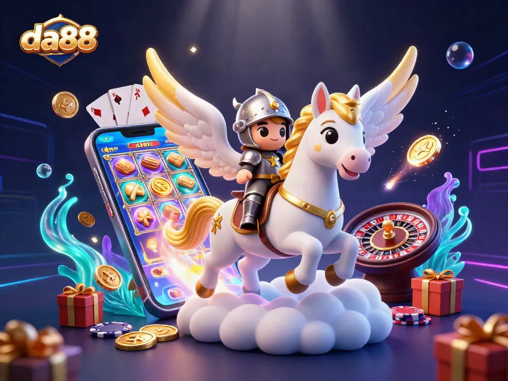 Experience the excitement of da88 slots with a vivid 3D fantasy scene featuring celestial creatures and gaming elements.