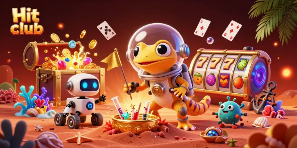 Experience gaming excitement at the Hit club with a Martian gecko exploring a golden casino.