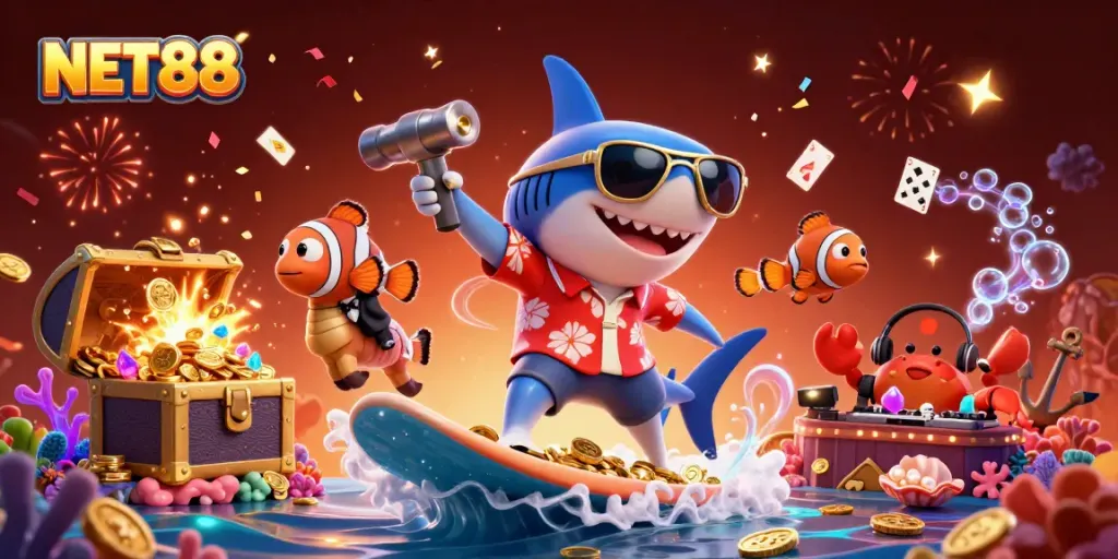Engage with NET88 by enjoying a thrilling underwater casino adventure with animated characters.