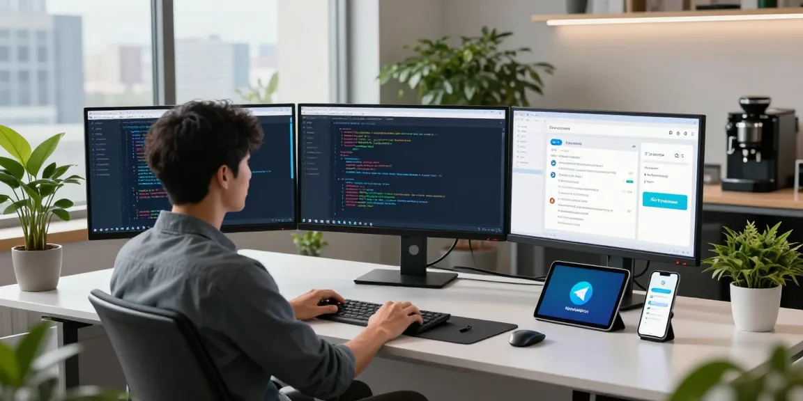 Developer using telegram官网 in a modern office workspace with multiple monitors and tech devices.