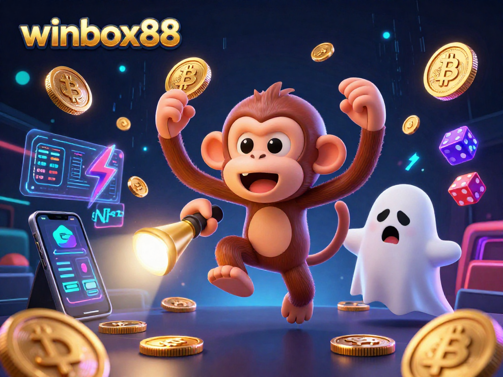 Winbox88 brings excitement with a playful poltergeist monkey and ghost-hunting puppy in a vibrant casino scene.