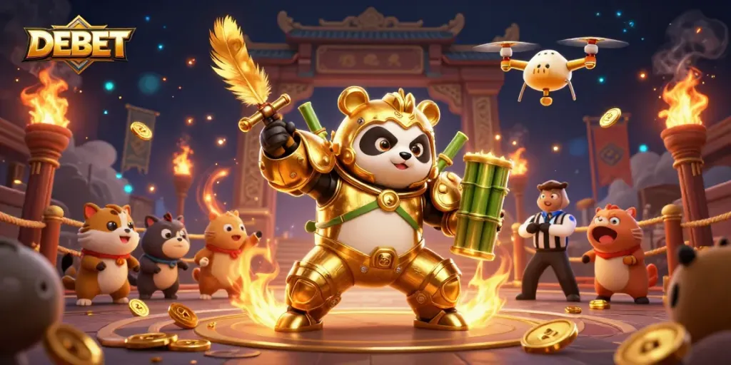 Engage in thrilling bets with DEBET at a vibrant 3D casino showdown featuring dynamic characters and rich visuals.