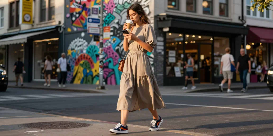 Fashionable woman enjoying coffee in the urban setting of https://shs-dome5.com/, showcasing vibrant street style.