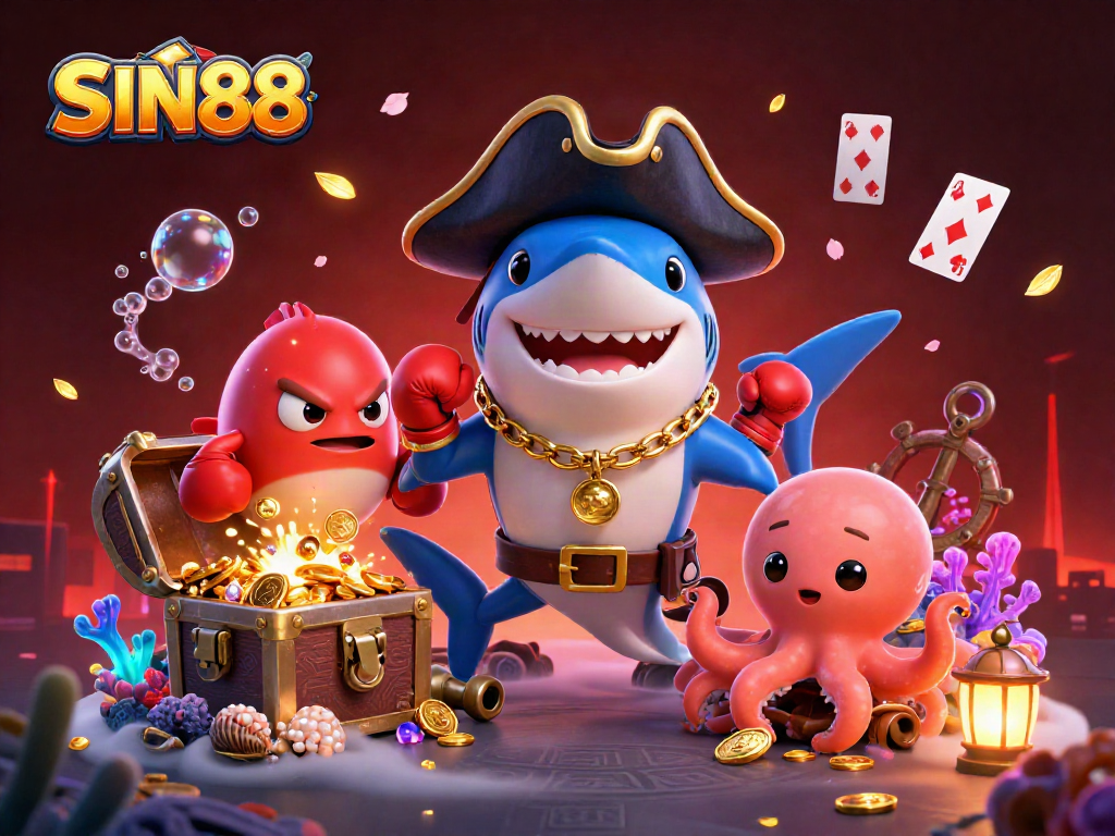 Experience thrilling gaming with SIN88, where a pirate shark, pufferfish, and octopus celebrate wins!