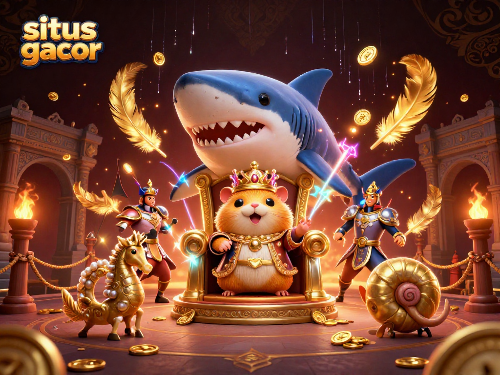 Situs slot gacor showcases a fierce hamster king ruling from a megalodon throne above vibrant gaming elements.
