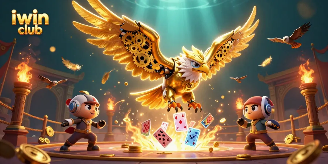 Experience the thrill of iwin club with a dynamic 3D scene of a golden eagle amidst holographic cards.