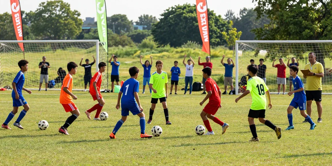 Exciting soccer match at https://mequonsoccerclub.com/ showcasing young players in action, coach directing from the sidelines.